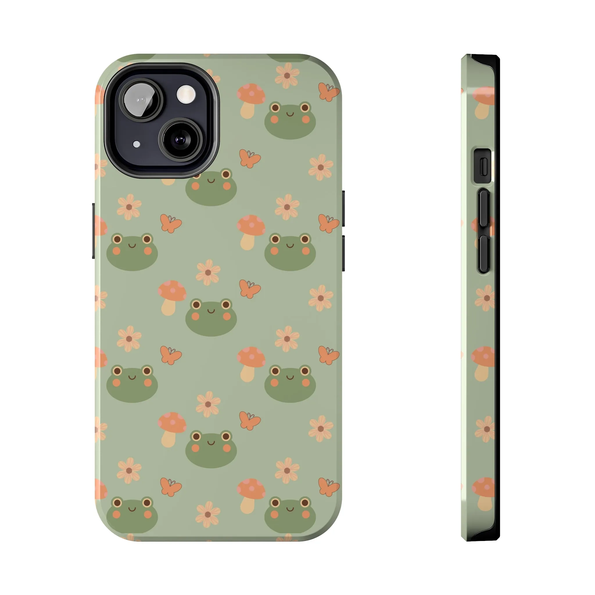 Adorable Frogs and Mushrooms iPhone Case, Cute Pastel Green Aesthetic, Protective Phone Accessory, Tough iPhone Case