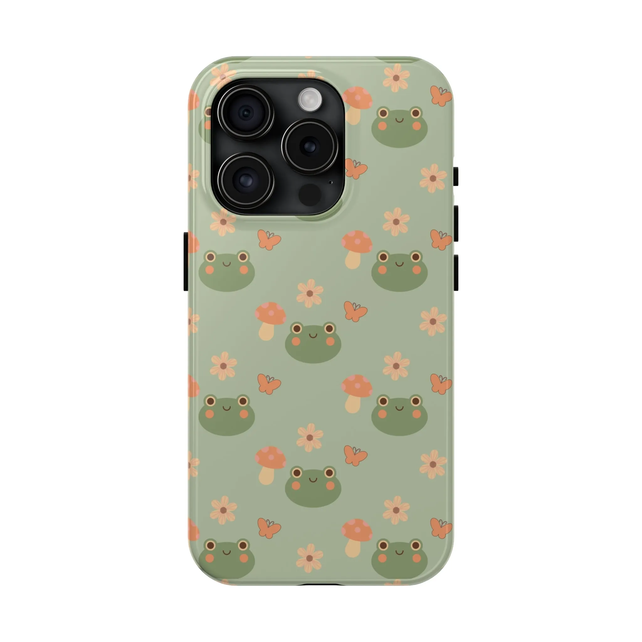 Adorable Frogs and Mushrooms iPhone Case, Cute Pastel Green Aesthetic, Protective Phone Accessory, Tough iPhone Case