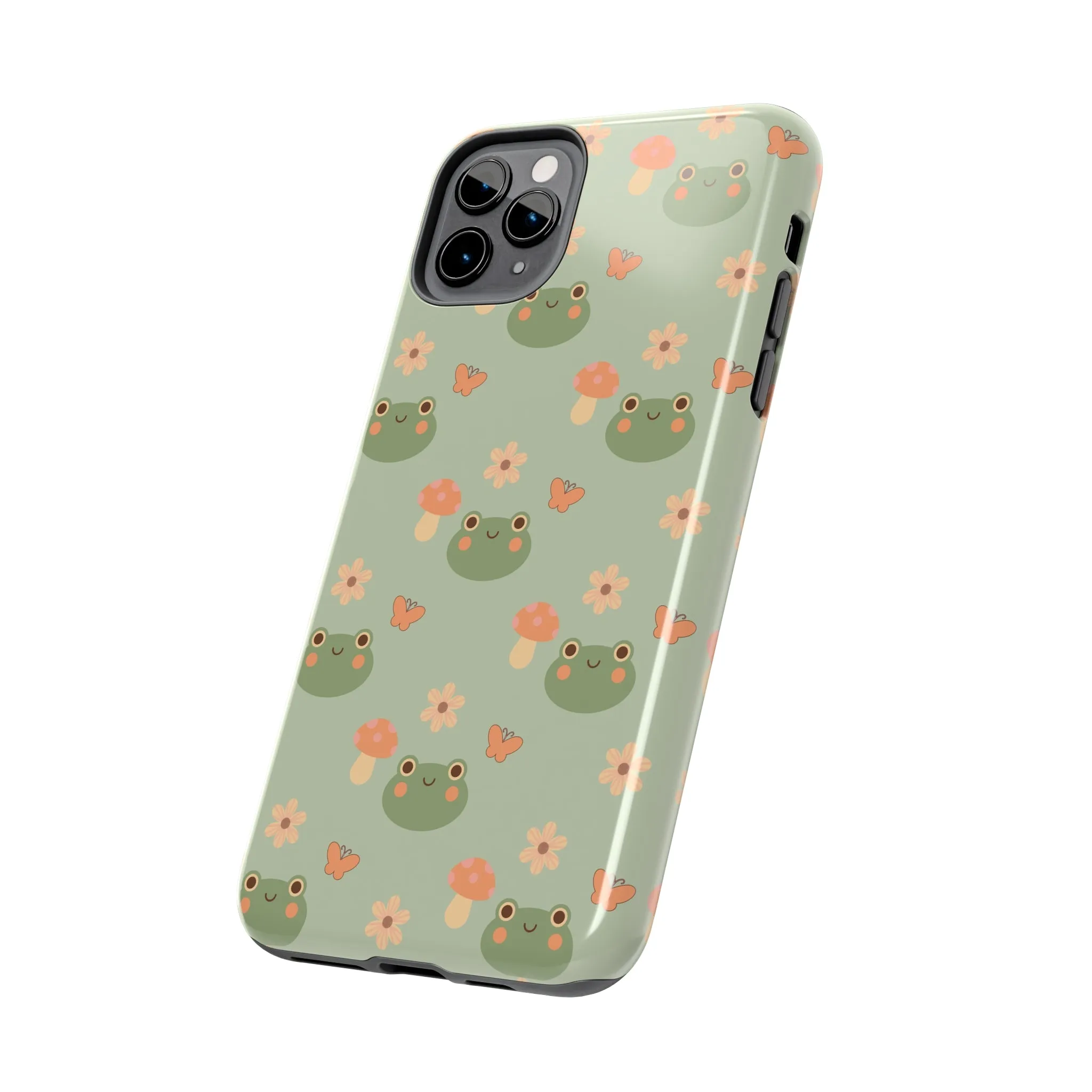 Adorable Frogs and Mushrooms iPhone Case, Cute Pastel Green Aesthetic, Protective Phone Accessory, Tough iPhone Case