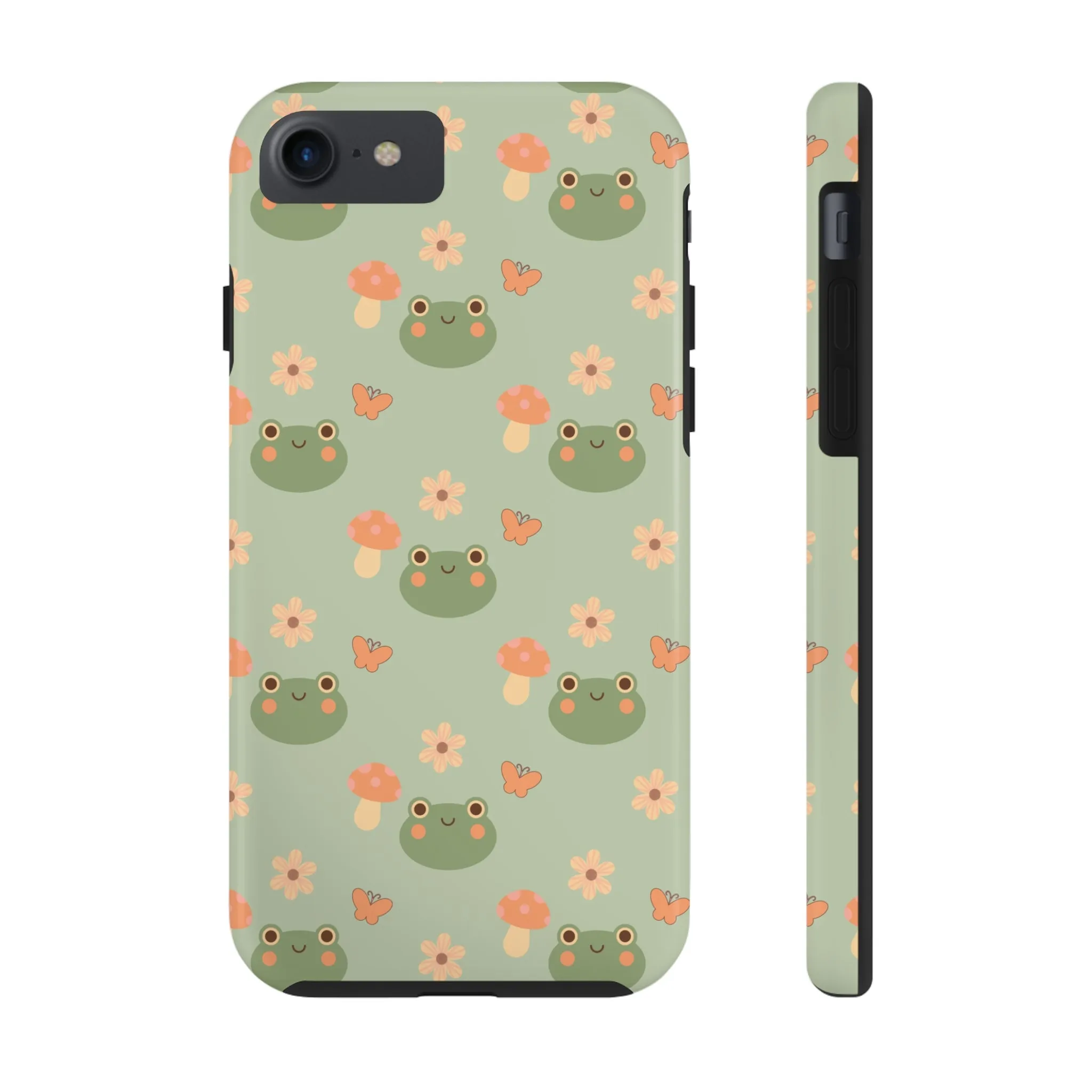 Adorable Frogs and Mushrooms iPhone Case, Cute Pastel Green Aesthetic, Protective Phone Accessory, Tough iPhone Case