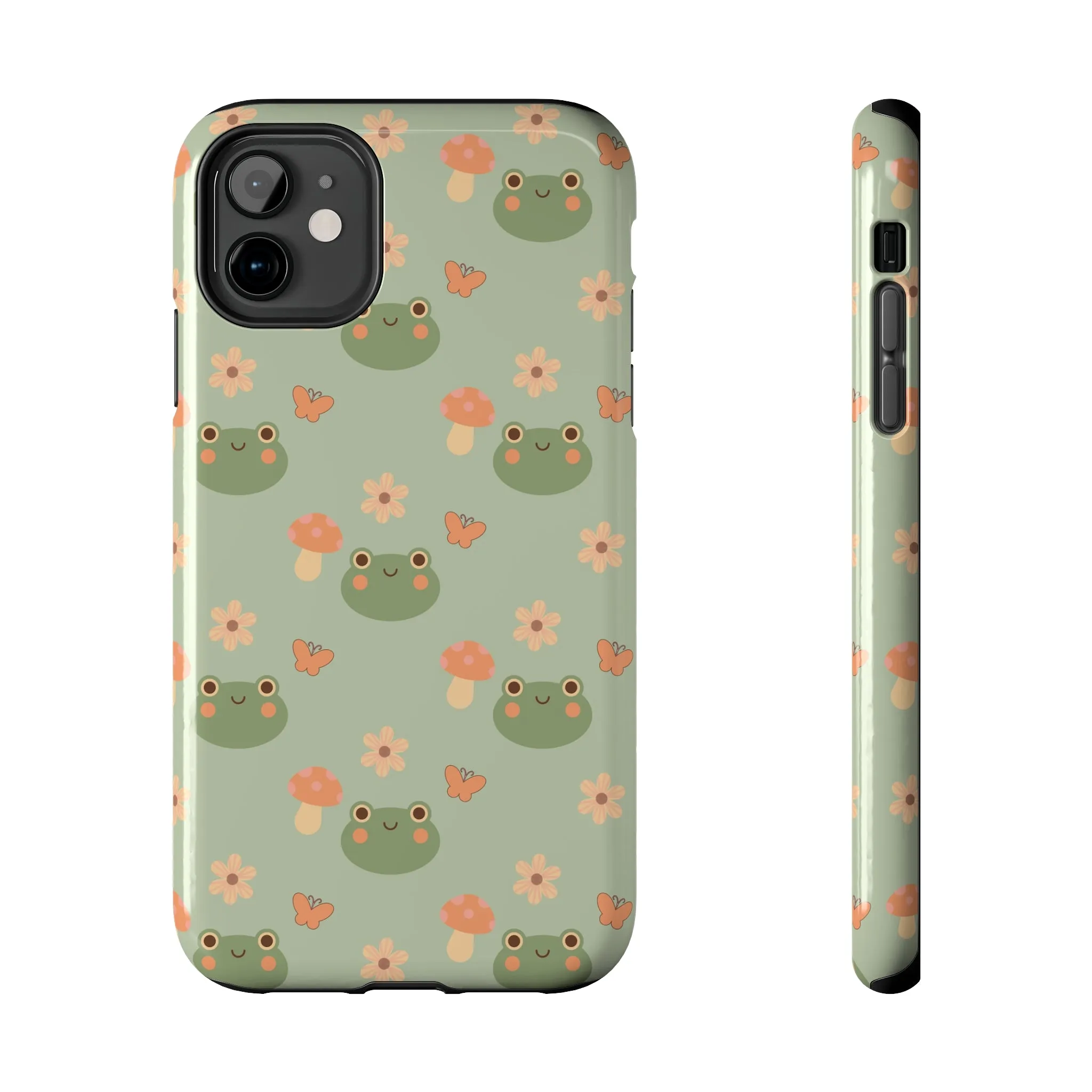 Adorable Frogs and Mushrooms iPhone Case, Cute Pastel Green Aesthetic, Protective Phone Accessory, Tough iPhone Case