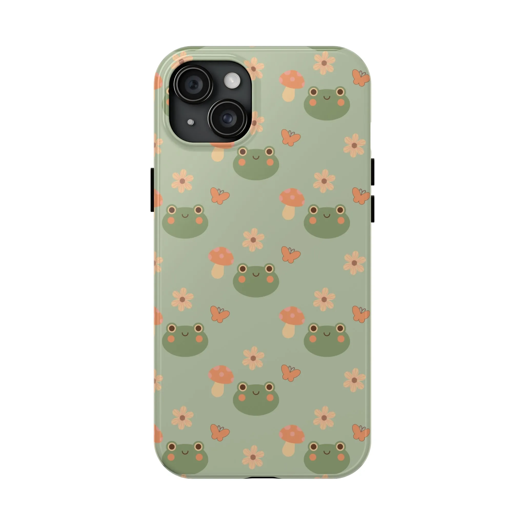 Adorable Frogs and Mushrooms iPhone Case, Cute Pastel Green Aesthetic, Protective Phone Accessory, Tough iPhone Case