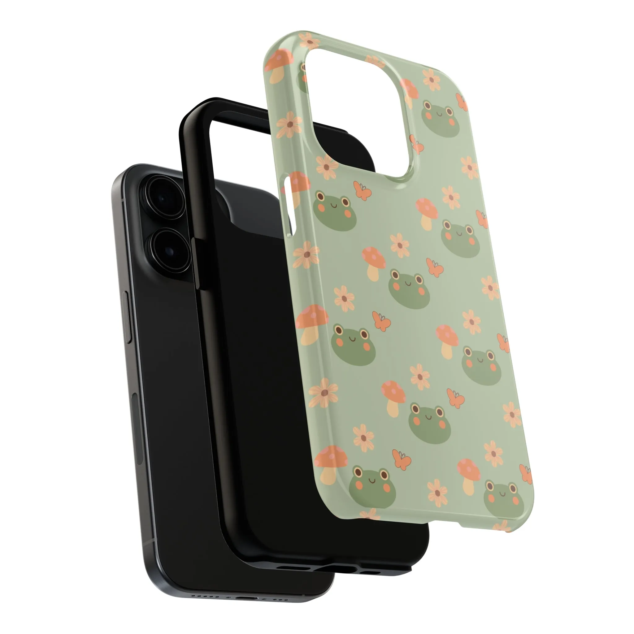 Adorable Frogs and Mushrooms iPhone Case, Cute Pastel Green Aesthetic, Protective Phone Accessory, Tough iPhone Case