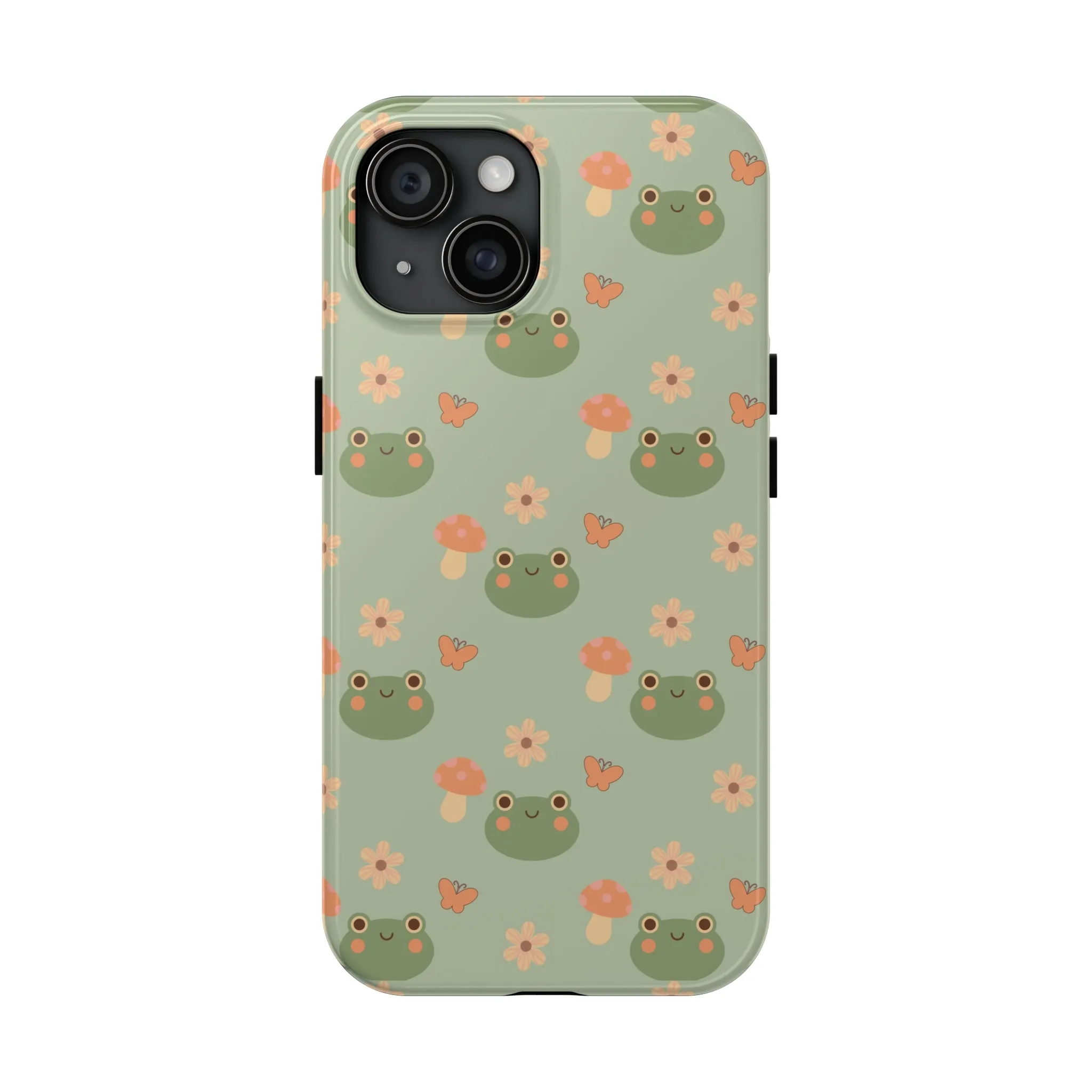 Adorable Frogs and Mushrooms iPhone Case, Cute Pastel Green Aesthetic, Protective Phone Accessory, Tough iPhone Case