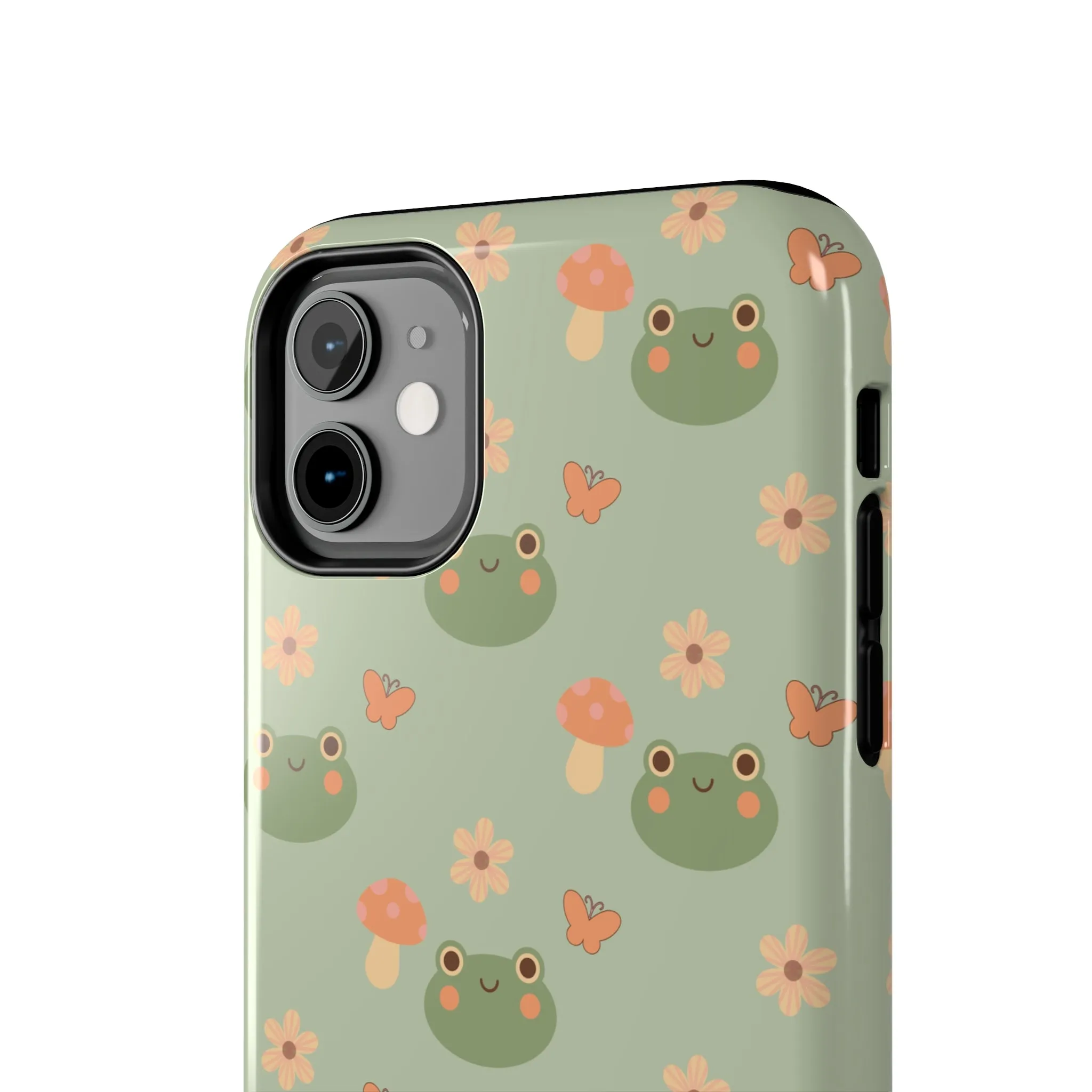 Adorable Frogs and Mushrooms iPhone Case, Cute Pastel Green Aesthetic, Protective Phone Accessory, Tough iPhone Case