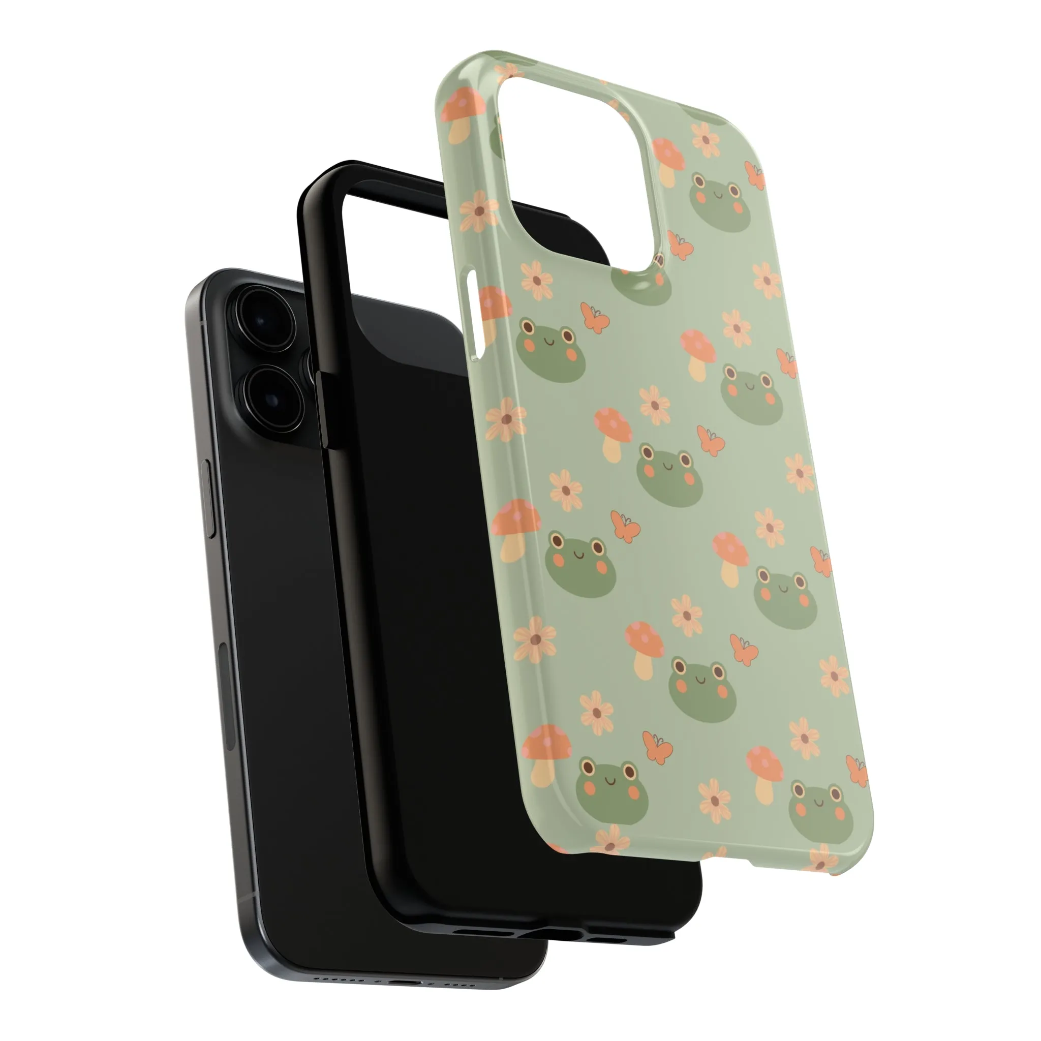 Adorable Frogs and Mushrooms iPhone Case, Cute Pastel Green Aesthetic, Protective Phone Accessory, Tough iPhone Case