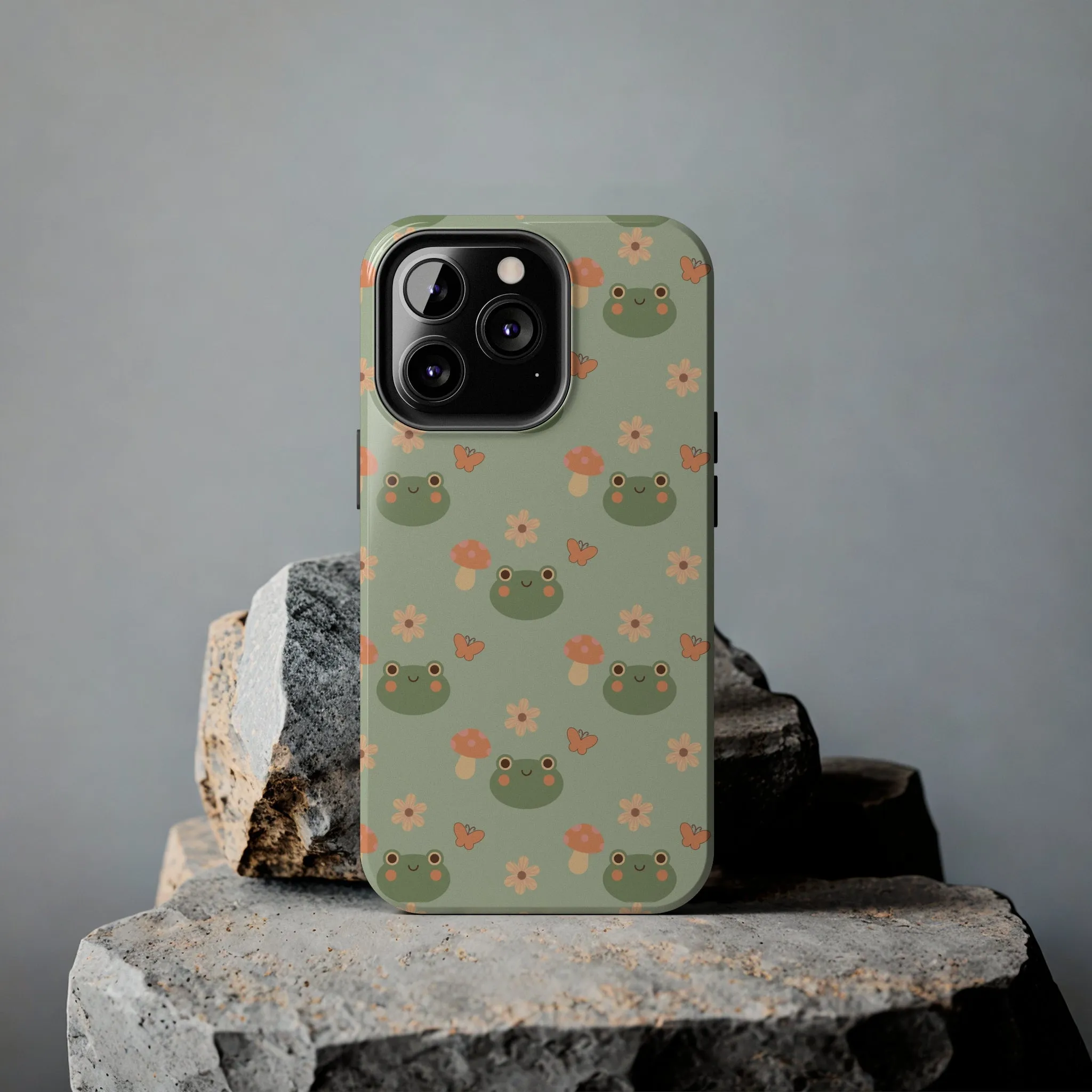 Adorable Frogs and Mushrooms iPhone Case, Cute Pastel Green Aesthetic, Protective Phone Accessory, Tough iPhone Case