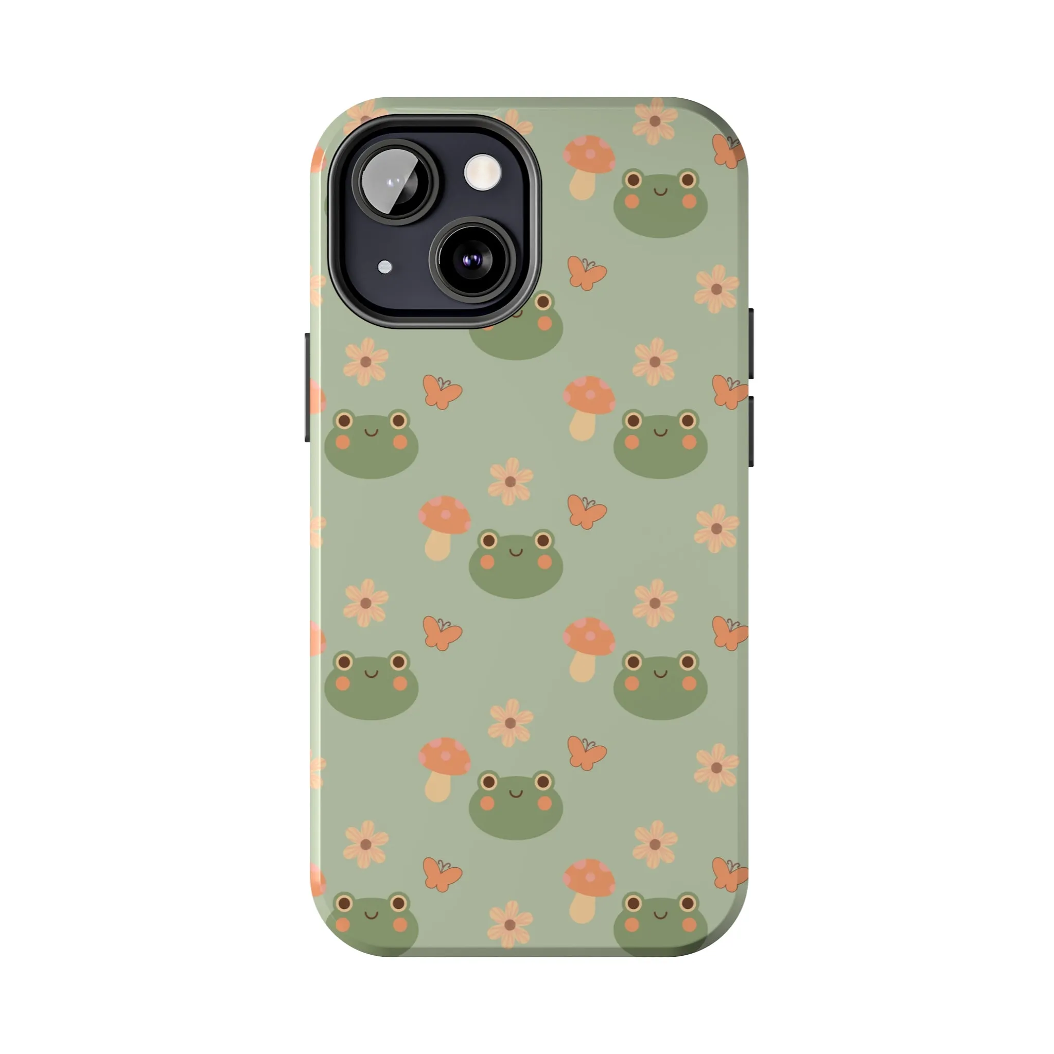 Adorable Frogs and Mushrooms iPhone Case, Cute Pastel Green Aesthetic, Protective Phone Accessory, Tough iPhone Case