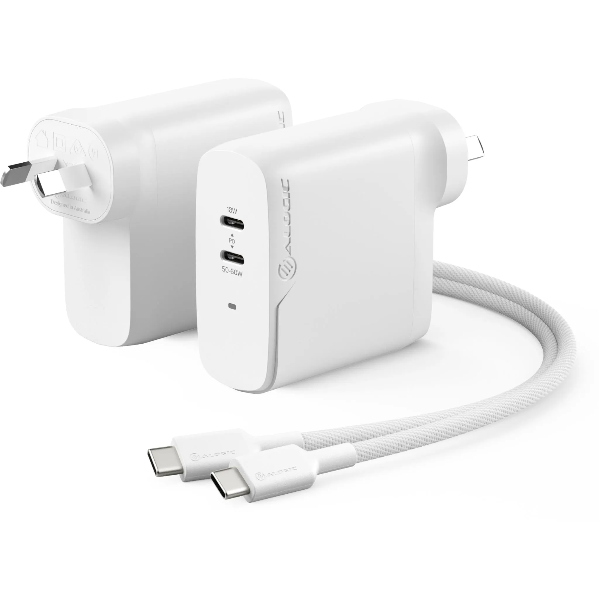 ALOGIC Rapid Power 2 Port 68W GaN Wall Charger w/ 68W USB-C Charging Cable