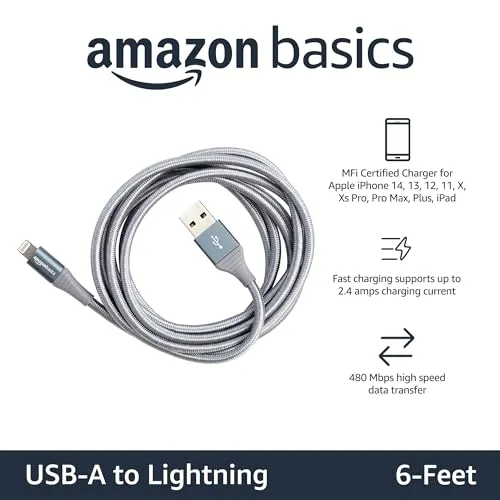 Amazon Basics USB-A to Lightning Charger Cable, Nylon Braided Cord, MFi Certified Charger for Apple iPhone 14 13 12 11 X Xs Pro, Pro Max, Plus, iPad, 10,000 Bend Lifespan, 6 Foot, Rose Gold