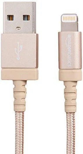 AmazonBasics Nylon Braided USB A to Lightning Compatible Cable - Apple MFi Certified - Gold (3 Feet/0.9 Meter)