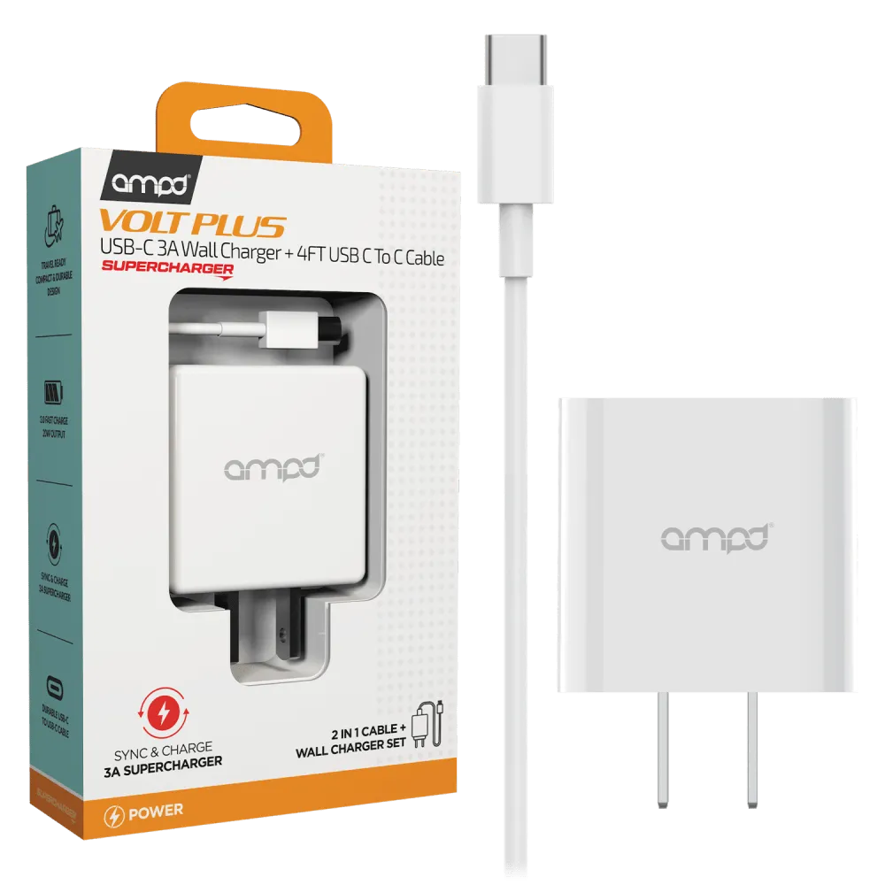 AMPD PD Fast 20W USB C Wall Charger with USB C to USB C Cable 4ft by AMPD