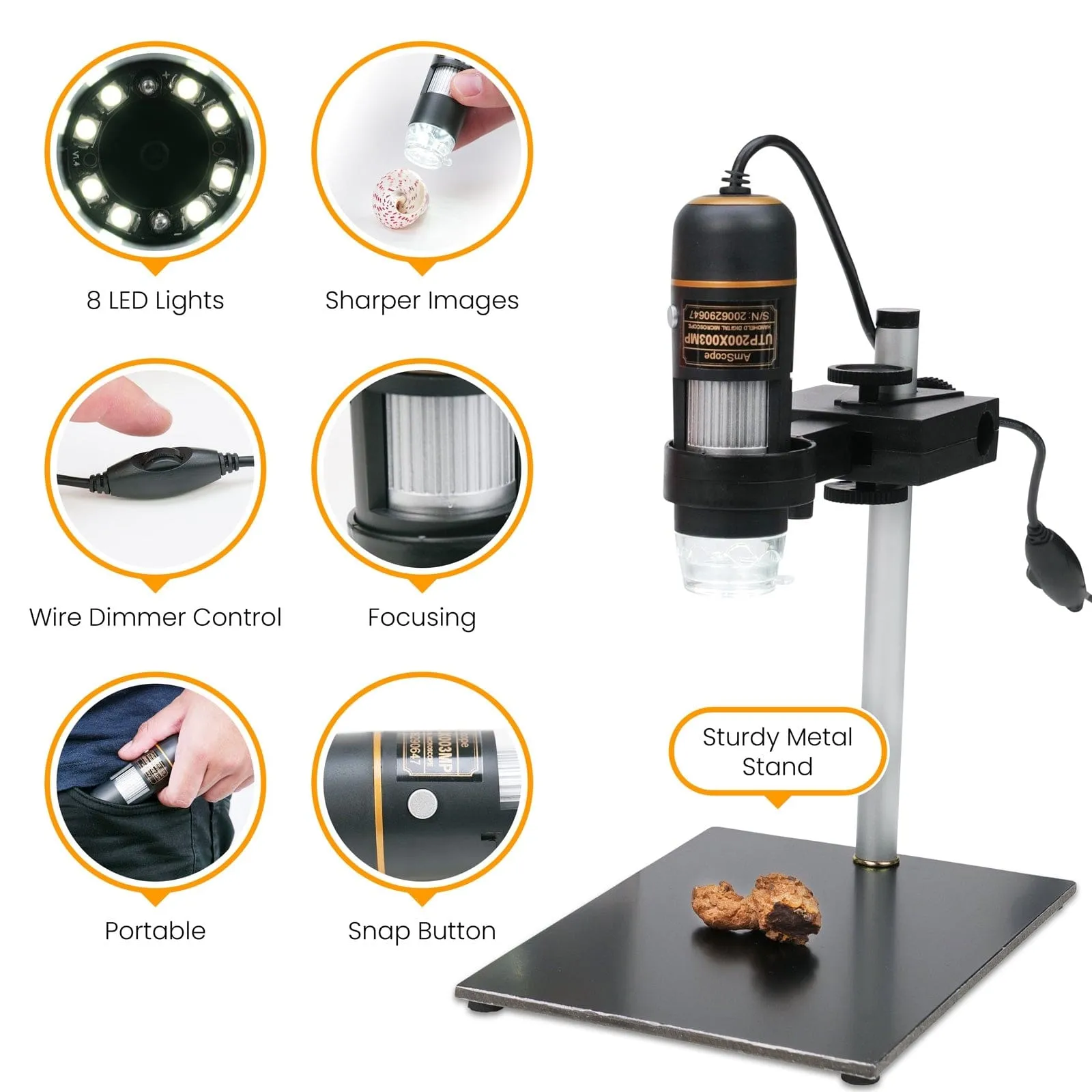 AmScope UTP Series 0.3MP USB Handheld Digital Microscope 10X-200X Magnification with LED Illumination and Stand