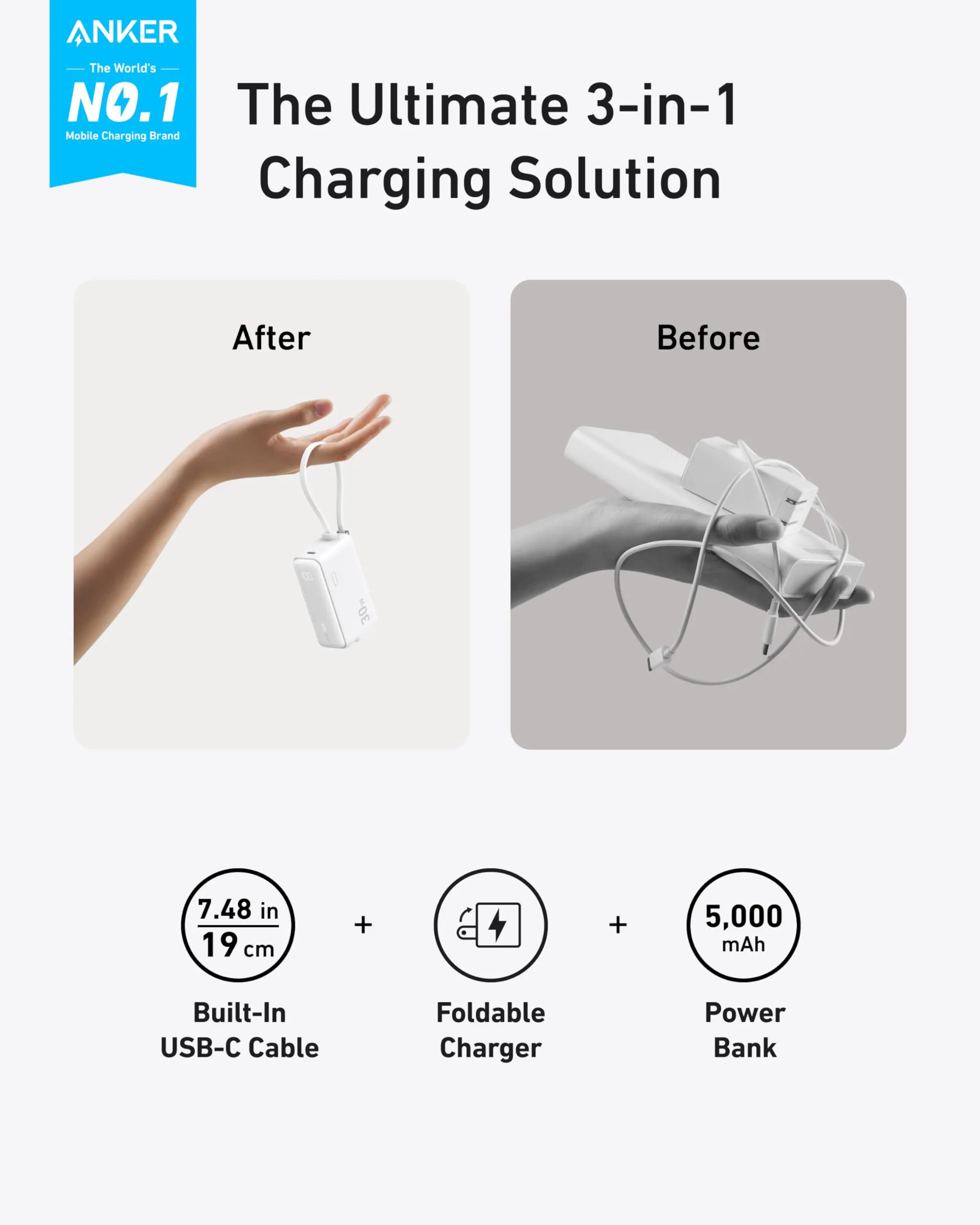 Anker Power Bank (30W, Fusion, Built-In Lightning Cable)