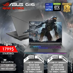 Asus Rog Strix G16 G614JVR-N3129 Core i9-14900hx Rtx 4060 165hz 16" Gaming Laptops (Brand New)