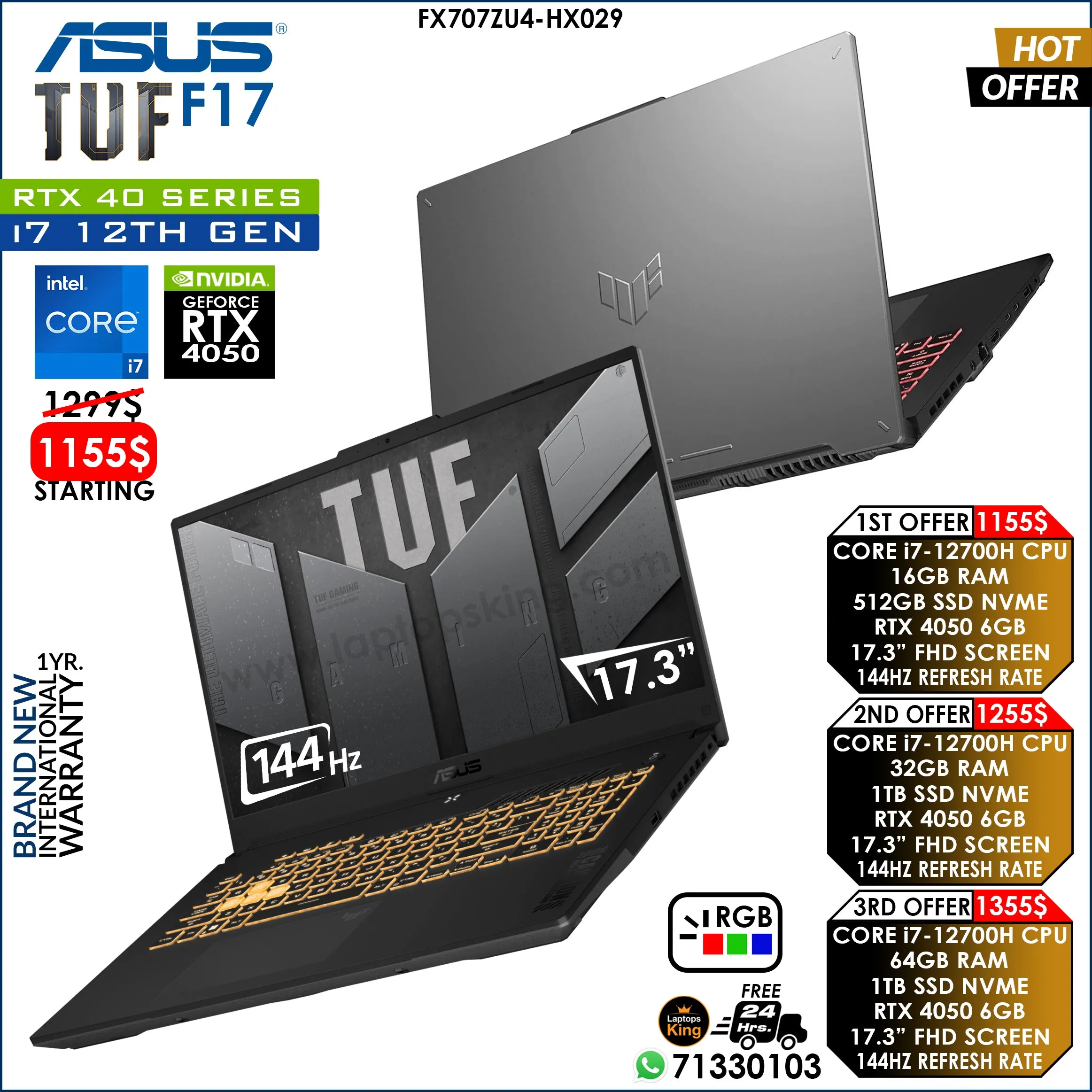 Asus Tuf F17 FX707ZU4-HX029 Military Grade Core i7-12700h Rtx 4050 144Hz Gaming Laptop Offers (Brand New)