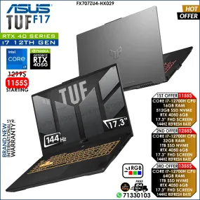 Asus Tuf F17 FX707ZU4-HX029 Military Grade Core i7-12700h Rtx 4050 144Hz Gaming Laptop Offers (Brand New)