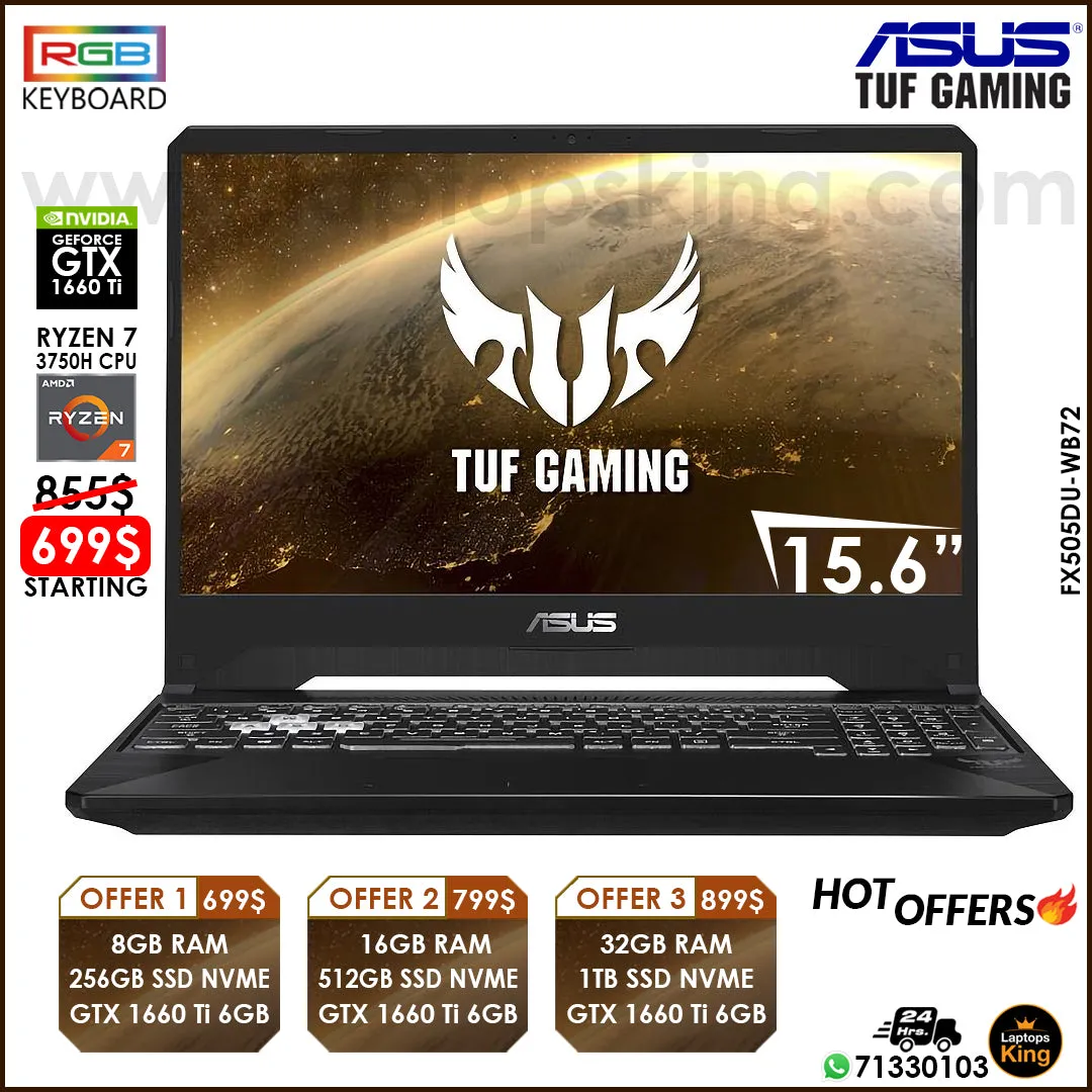 Asus Tuf FX505DU-WB72 Ryzen 7 3750h Gtx 1660 Ti 15.6" Gaming Laptop Offers (New OB)