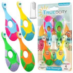 Baby Toothbrush 4 Pack, Toddler Toothbrush Age 1-2 & Bonus Silicone Finger Brush, Soft Bristles, Toddler Toothbrushes, Infant & Training w/ Teething Handle, 0-2 Years, Multi Color Set