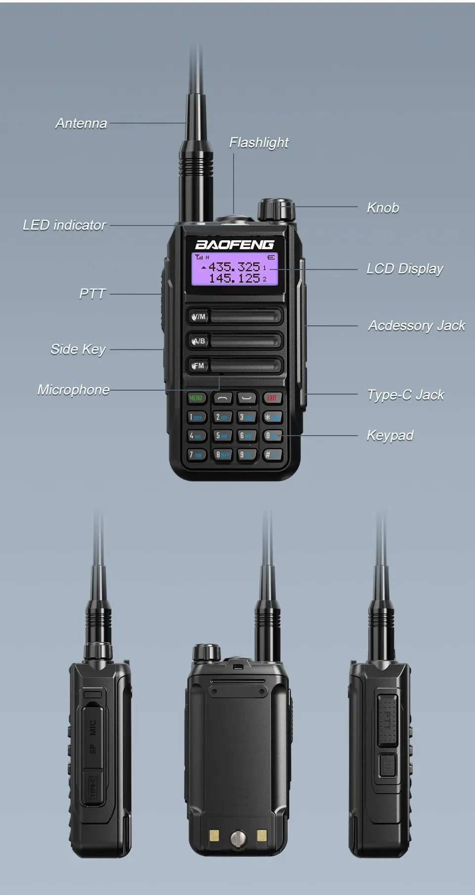 BaoFeng UV16 Walkie-Talkie Tri Band Professional Hunting Ham Waterproof Long Range Type-C Charger VHF UHF Two Way Portable Radio