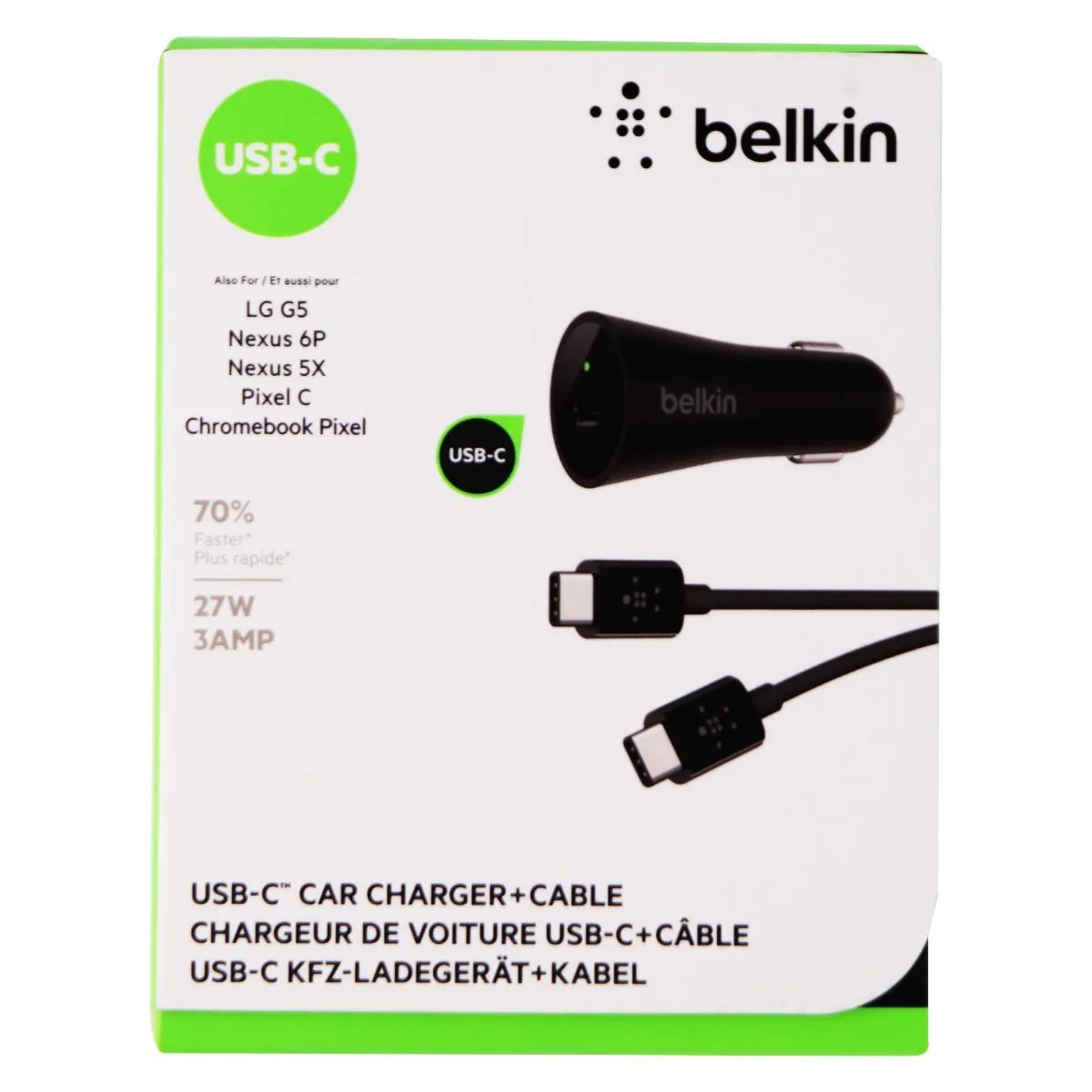 Belkin 27W/3A USB-C Car Charger & (USB-C to USB-C) 4-Ft Cable - Black