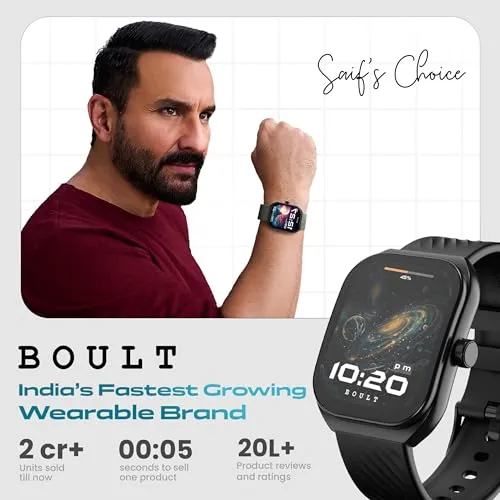 Boult Newly Launched Trail Smart Watch 2.01'' 3D Curved HD Display, BT Calling, Working Crown, 190 Watchfaces, 500 Nits Brightness, AI Voice Assistant, SpO2 Monitoring, 120  Sports Mode (Raven Black)