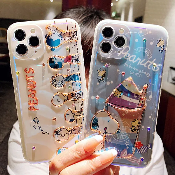 Cartoon Design Cute White Dog and Friends Charlie Sally Linus Blu Ray Line Up & Ice Cream Bling Bling iPhone Case 15 14 13 12 11 XS XR Max Plus mini