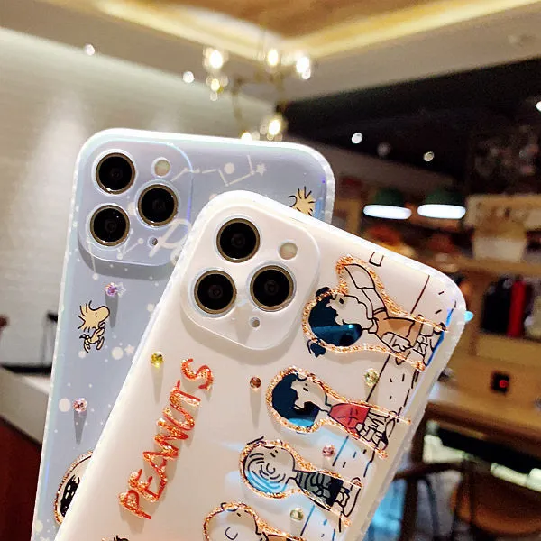 Cartoon Design Cute White Dog and Friends Charlie Sally Linus Blu Ray Line Up & Ice Cream Bling Bling iPhone Case 15 14 13 12 11 XS XR Max Plus mini