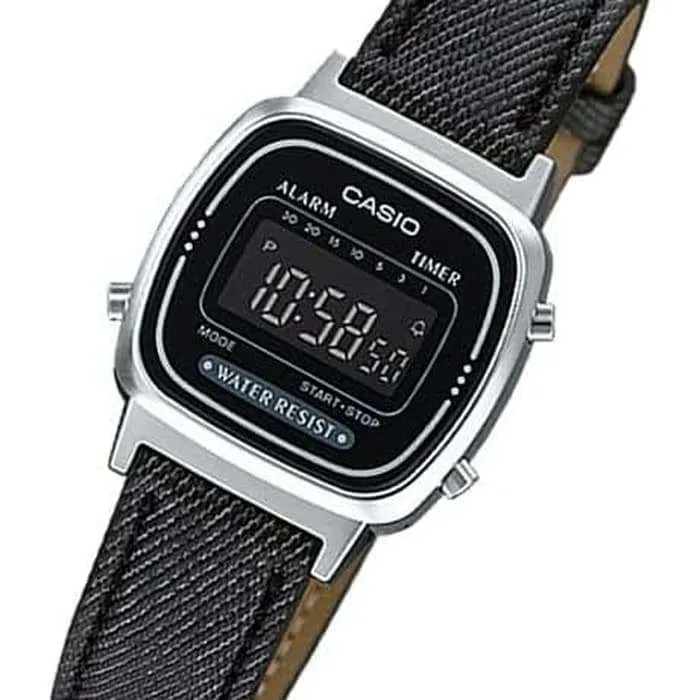 Casio LA670WL-1BDF Black Leather Denim Strap Watch for Women