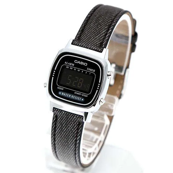 Casio LA670WL-1BDF Black Leather Denim Strap Watch for Women