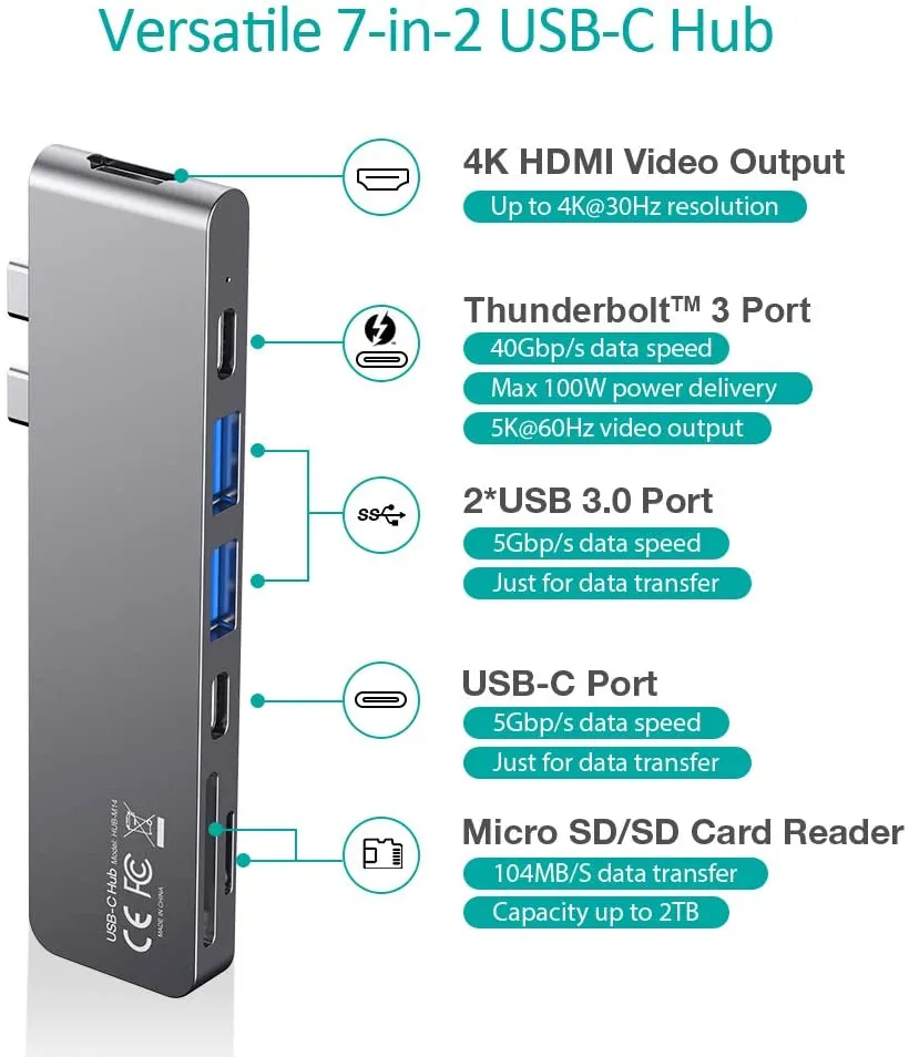 CHOETECH USB C Hub 7-in-1 USB C Hub Adapter with Thunderbolt 3 PD 100W 4K HDMI