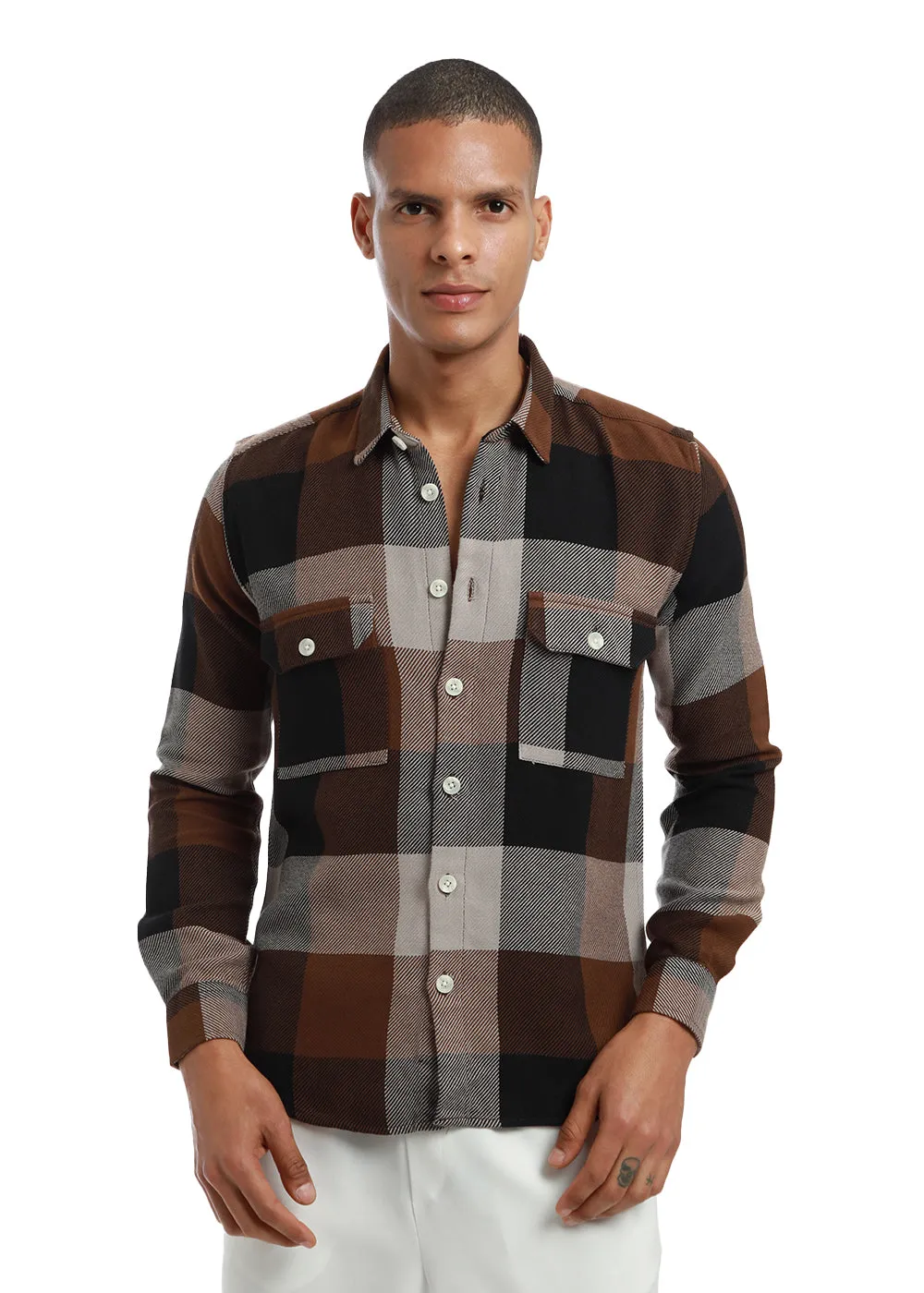 Dusky Brown Brushed Cotton Check Shirt