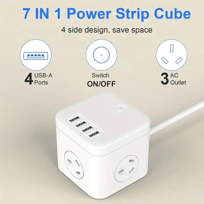 Electrical Power Strip Cube With 3 AC Outlets And 4 USB Ports