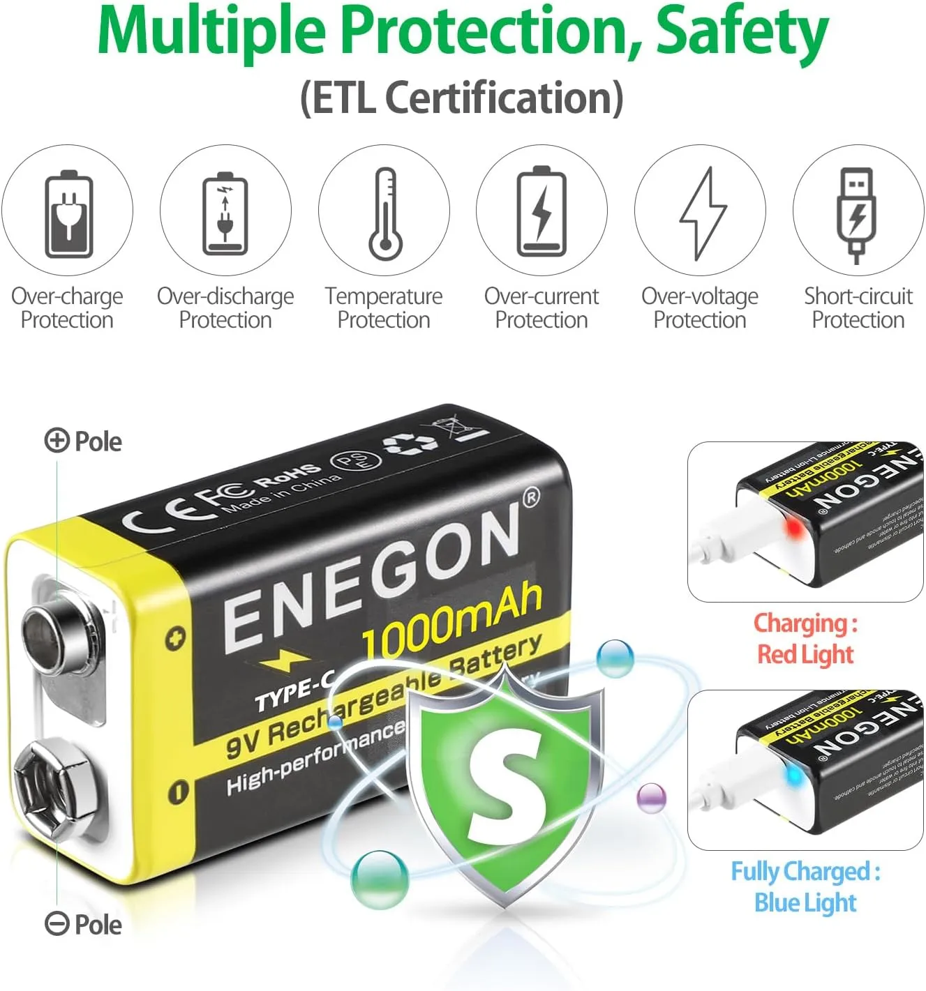 ENEGON 2 Pack 9V Rechargeable Li-ion Batteries, 1000mAh with 2-in-1 Type-C/USB Charging Cable