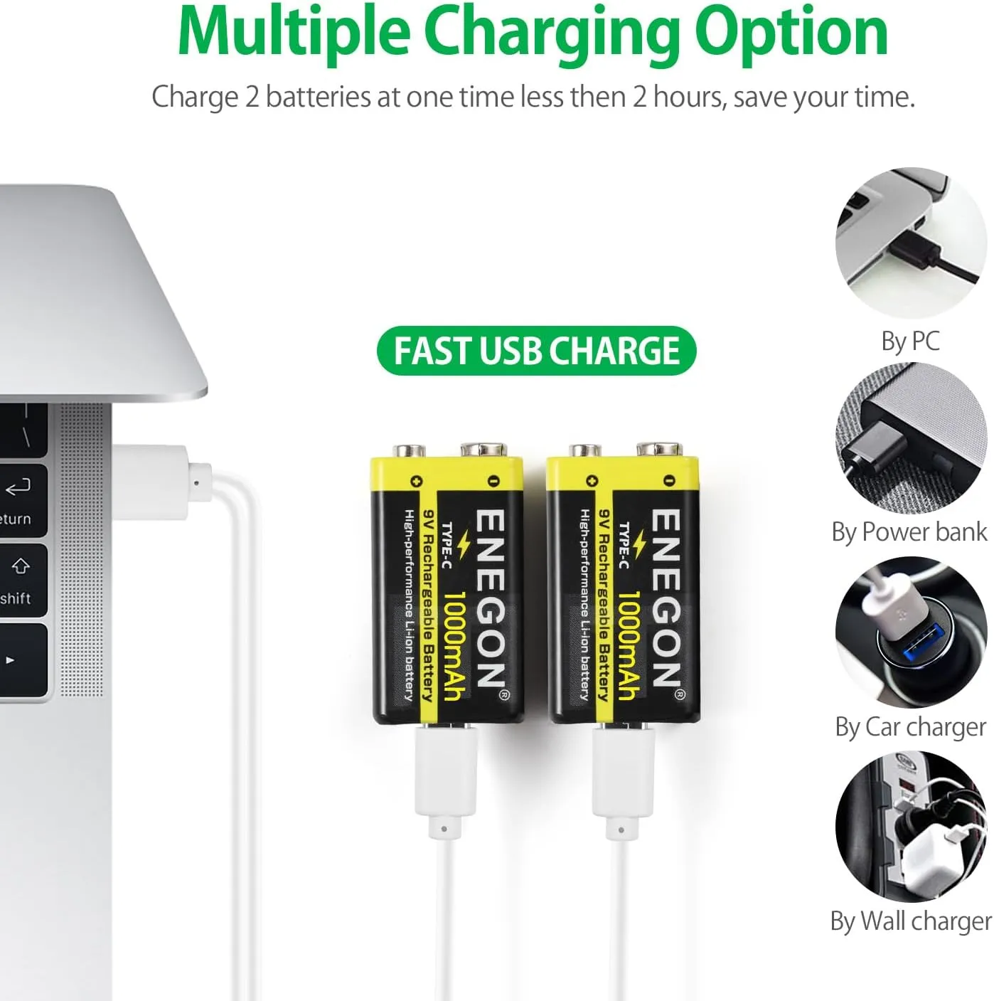 ENEGON 2 Pack 9V Rechargeable Li-ion Batteries, 1000mAh with 2-in-1 Type-C/USB Charging Cable