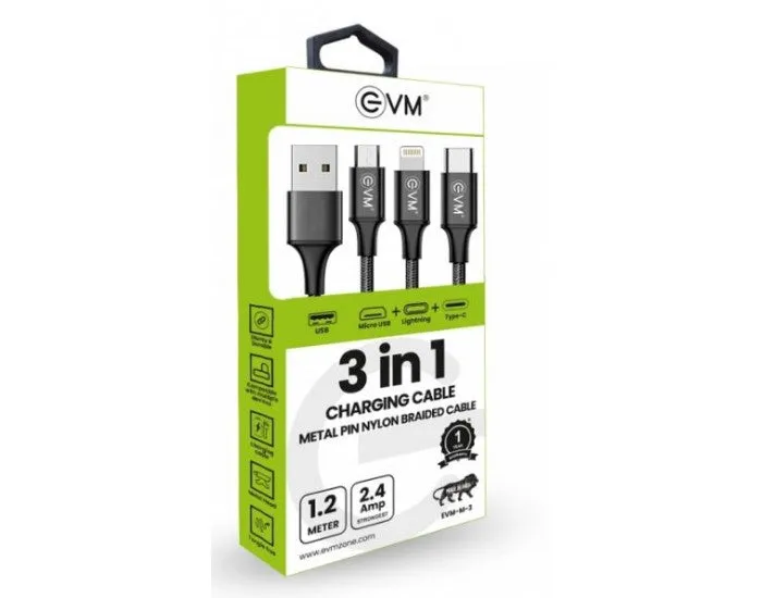 EVM TYPE C|MICRO|IPHONE CHARGER CABLE 3 IN 1  EVM-M-3