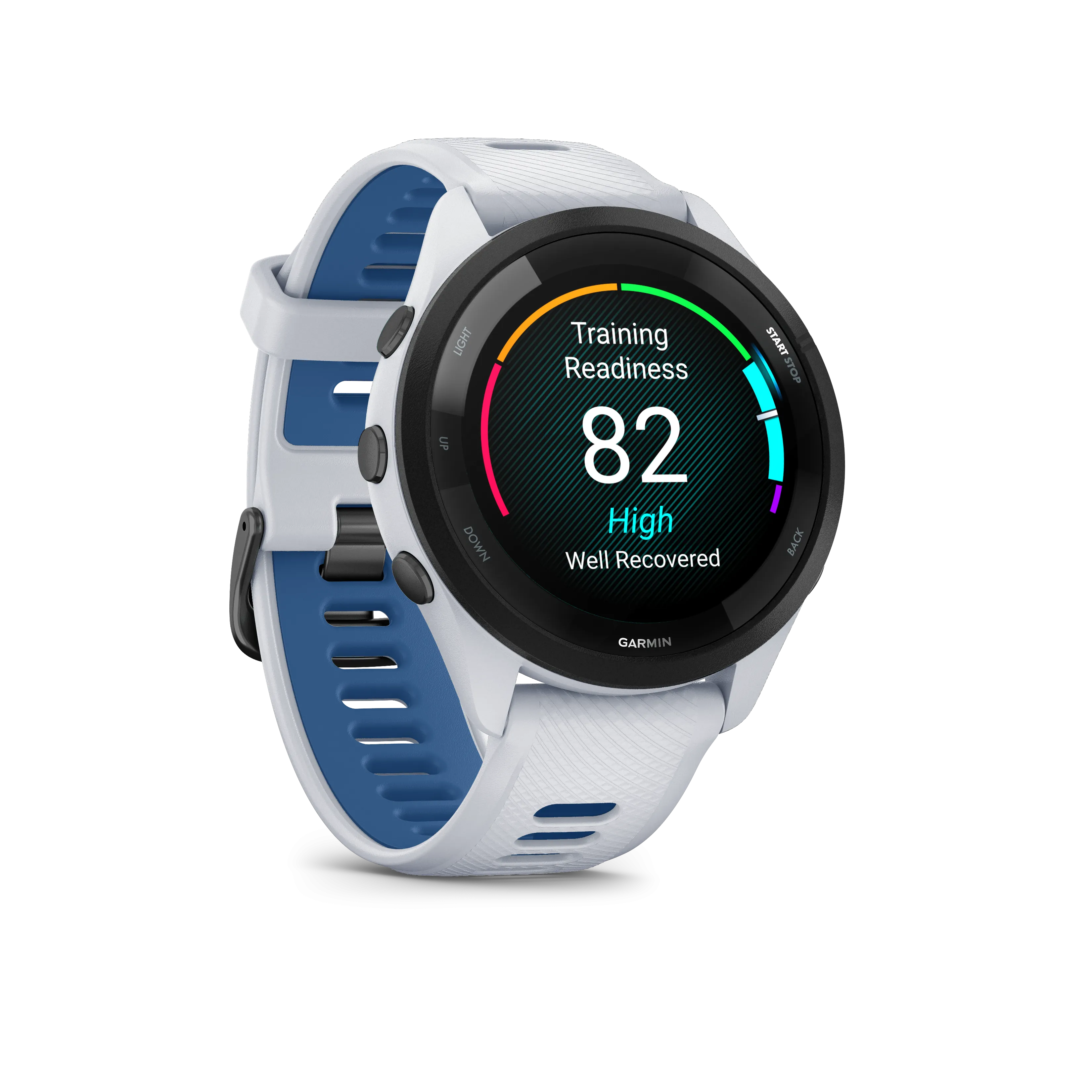 Forerunner® 265 (Black Bezel with Whitestone Case and Whitestone/Tidal Blue Silicone Band)