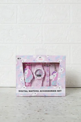 Girls Pink Unicorn Printed Digital Watch Set (3 Piece)