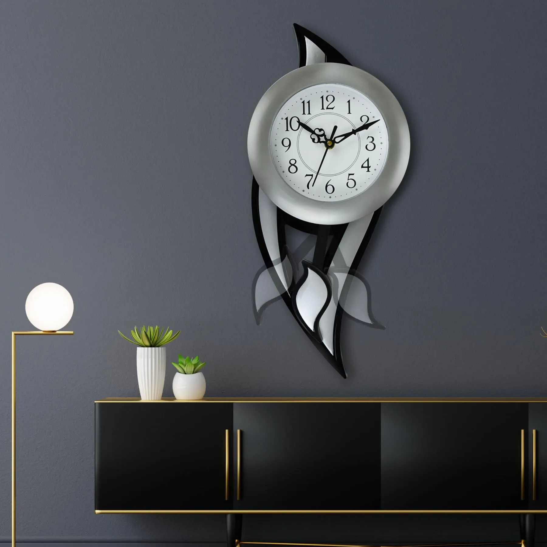 Harbour Analog Latest Stylish New Models Wall Clock with Pendulum for Home Living Room Hall Bedroom (Size Height 42.5 CM X Width 17.5 CM)- Home Decor Big Size Wall Clock tedpl (Silver)