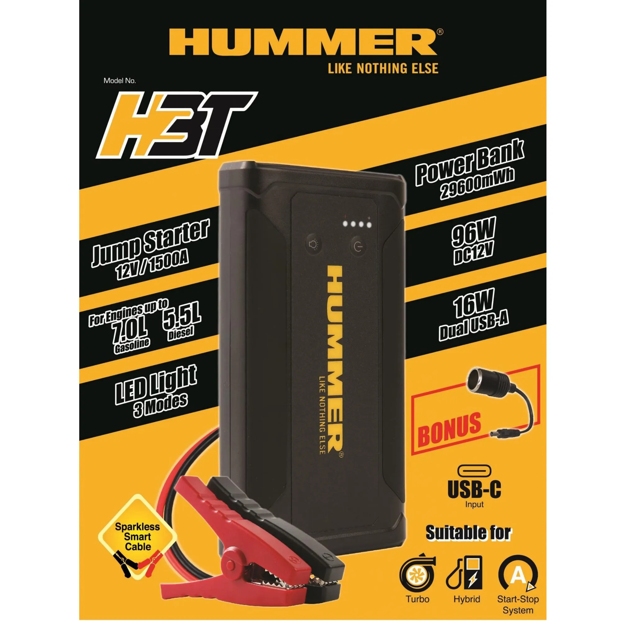 Hummer H3T 8000mAh Powerbank Jump Starter with Wireless Charger & Work Light (USB-A to USB-C)