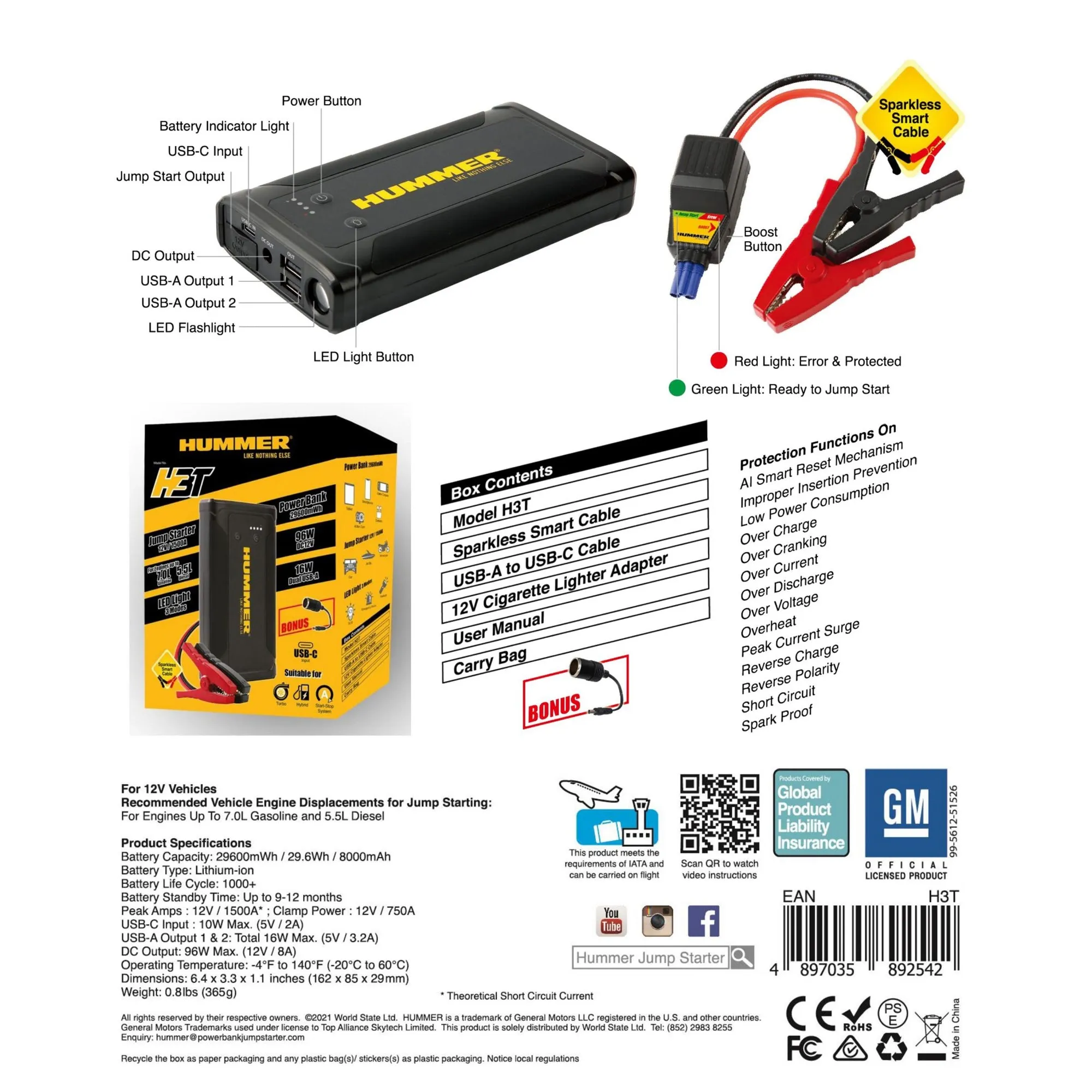 Hummer H3T 8000mAh Powerbank Jump Starter with Wireless Charger & Work Light (USB-A to USB-C)