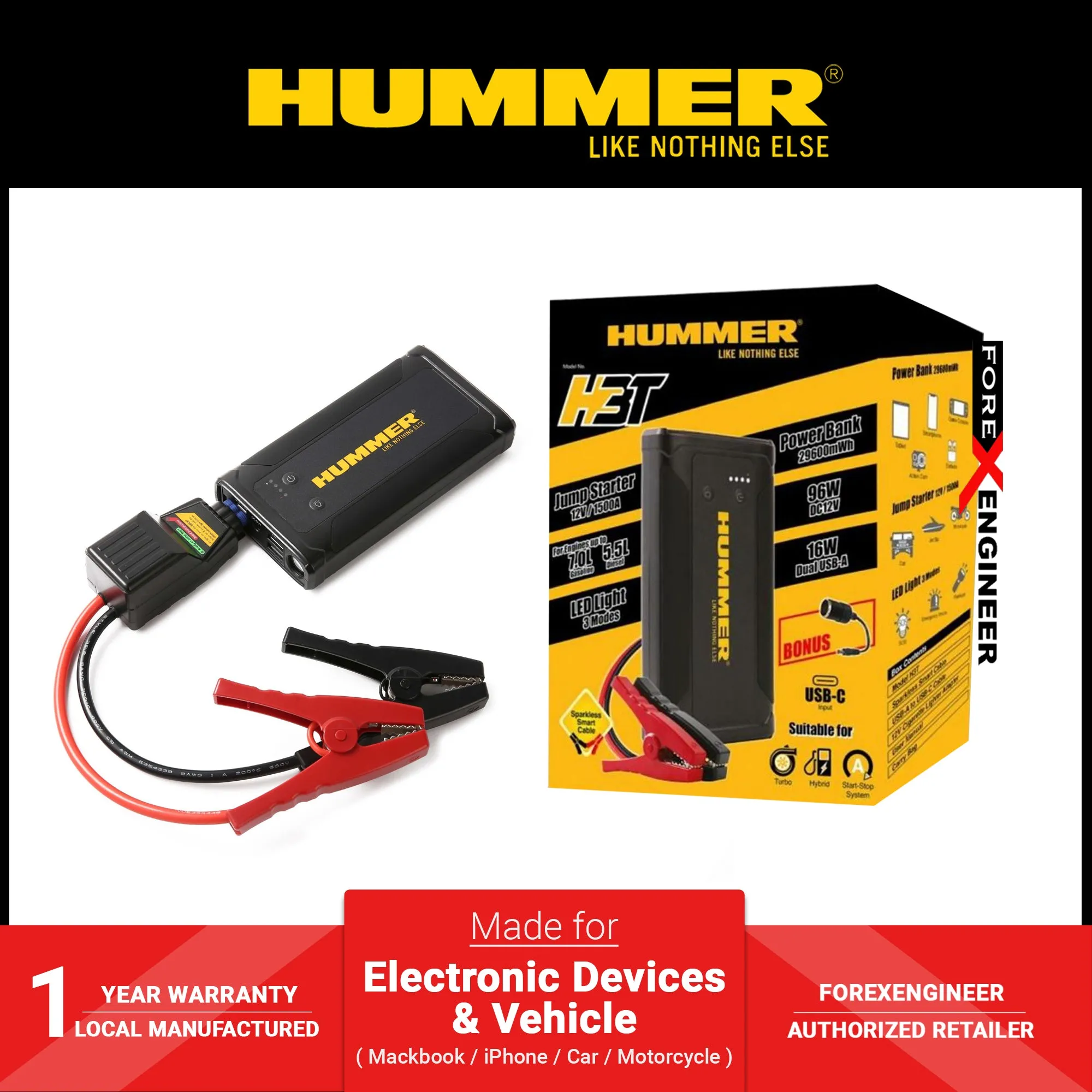 Hummer H3T 8000mAh Powerbank Jump Starter with Wireless Charger & Work Light (USB-A to USB-C)