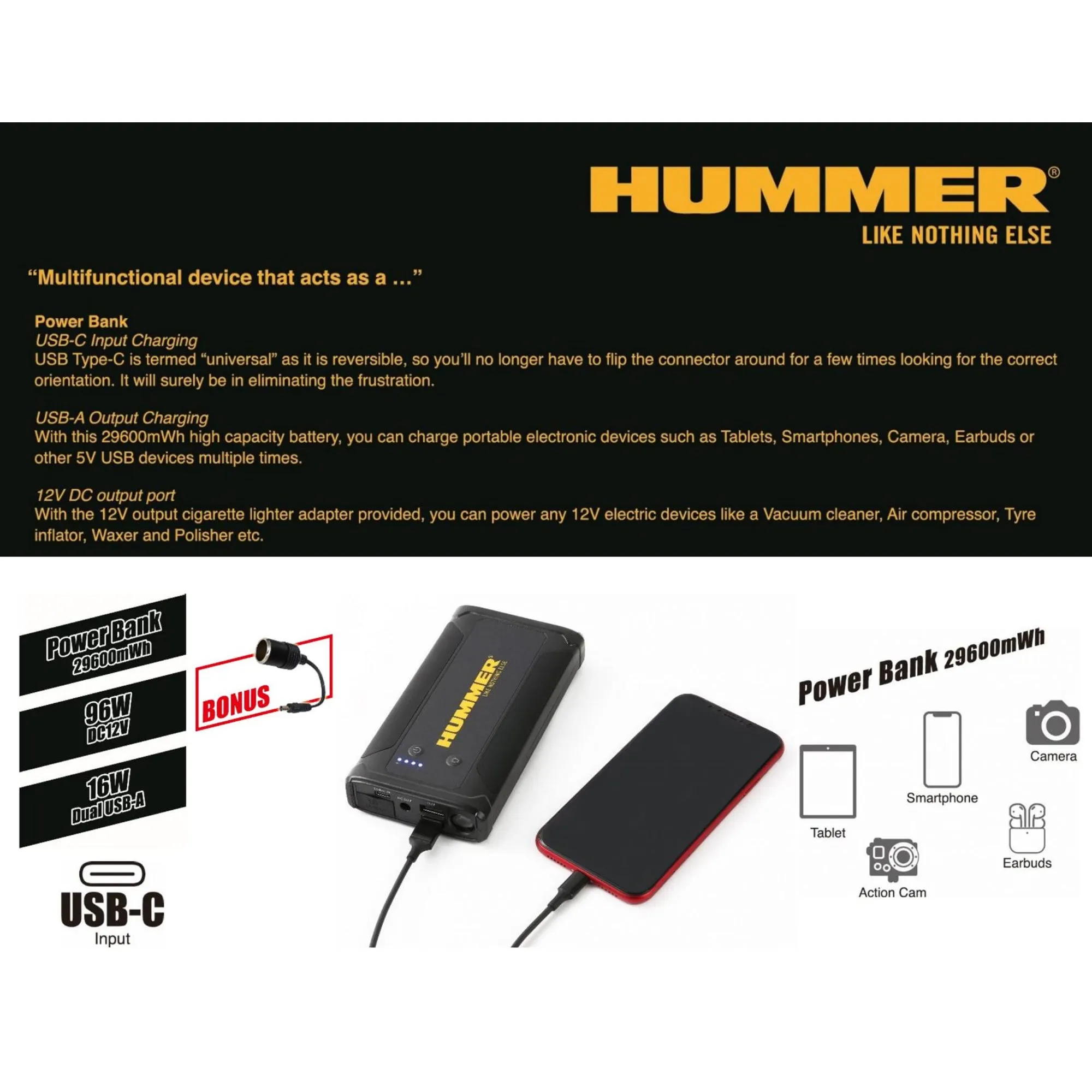 Hummer H3T 8000mAh Powerbank Jump Starter with Wireless Charger & Work Light (USB-A to USB-C)