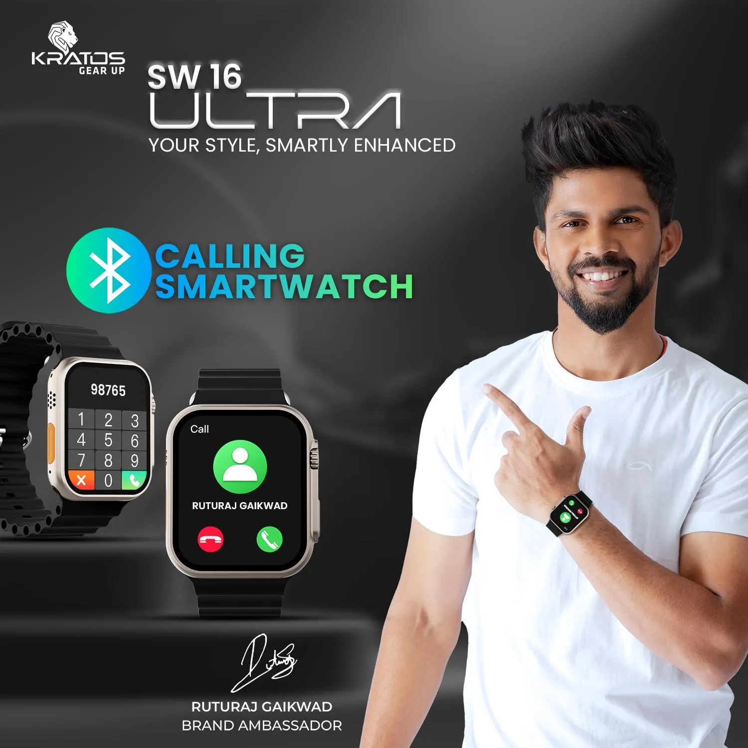 Kratos SW16 Ultra Smartwatch with 1.85" Full Touch Display, Bluetooth Calling, Voice Assistant, IP67, 200  Watch Faces, Multi Sports Modes, Rotating Crown, Metallic Body, Wireless Charging Smart Watch