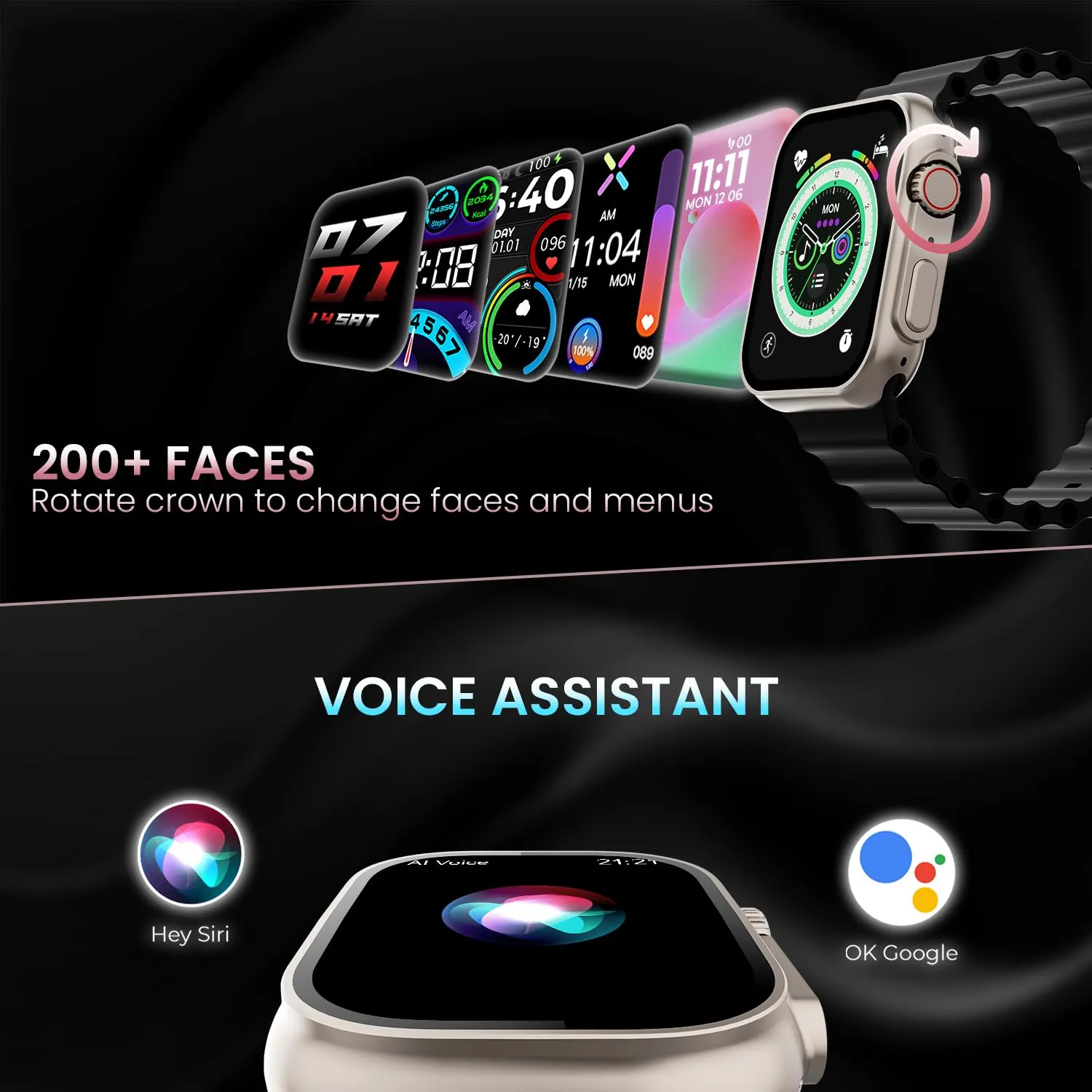 Kratos SW16 Ultra Smartwatch with 1.85" Full Touch Display, Bluetooth Calling, Voice Assistant, IP67, 200  Watch Faces, Multi Sports Modes, Rotating Crown, Metallic Body, Wireless Charging Smart Watch