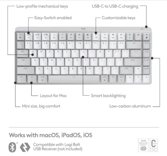 Logitech Mx Mechanical Mini For Mac Pale-grey Tactile, Backlit keys, Multi Connectivity, Long Battery Life