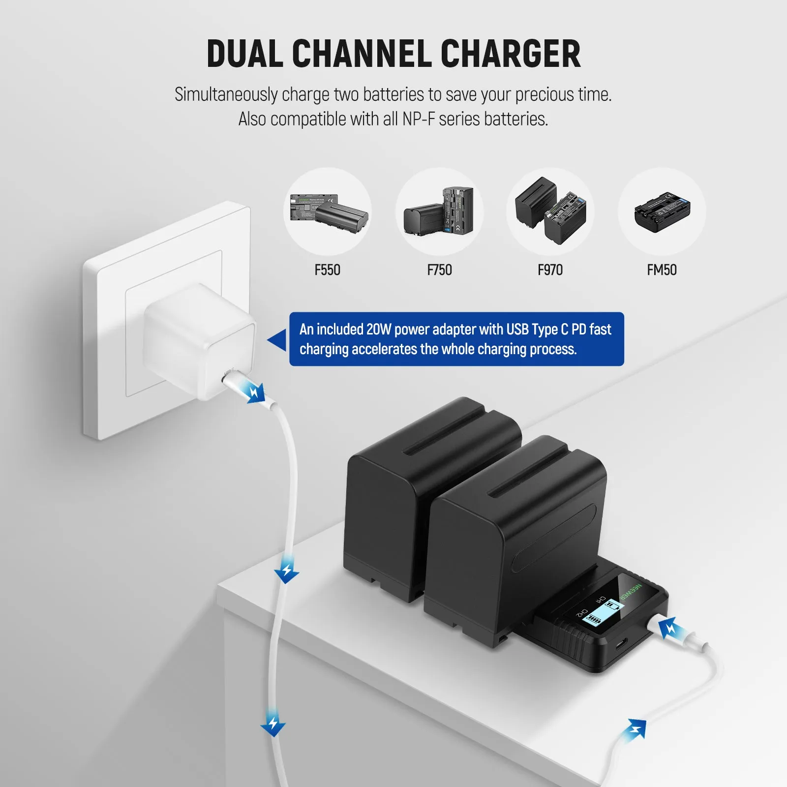 NEEWER 2 Pack 10050mAh NP-F970 Replacement Battery Charger Set