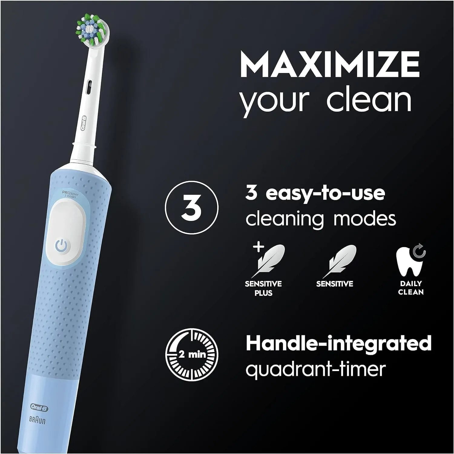 Oral-B Vitality Pro 2x Electric Toothbrushes For Adults, Mothers Day Gifts For Her / Him, 2 Toothbrush Heads, 3 Brushing Modes Including Sensitive Plus, 2 Pin UK Plug, Black & Blue