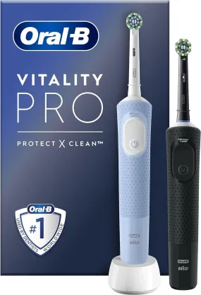 Oral-B Vitality Pro 2x Electric Toothbrushes For Adults, Mothers Day Gifts For Her / Him, 2 Toothbrush Heads, 3 Brushing Modes Including Sensitive Plus, 2 Pin UK Plug, Black & Blue