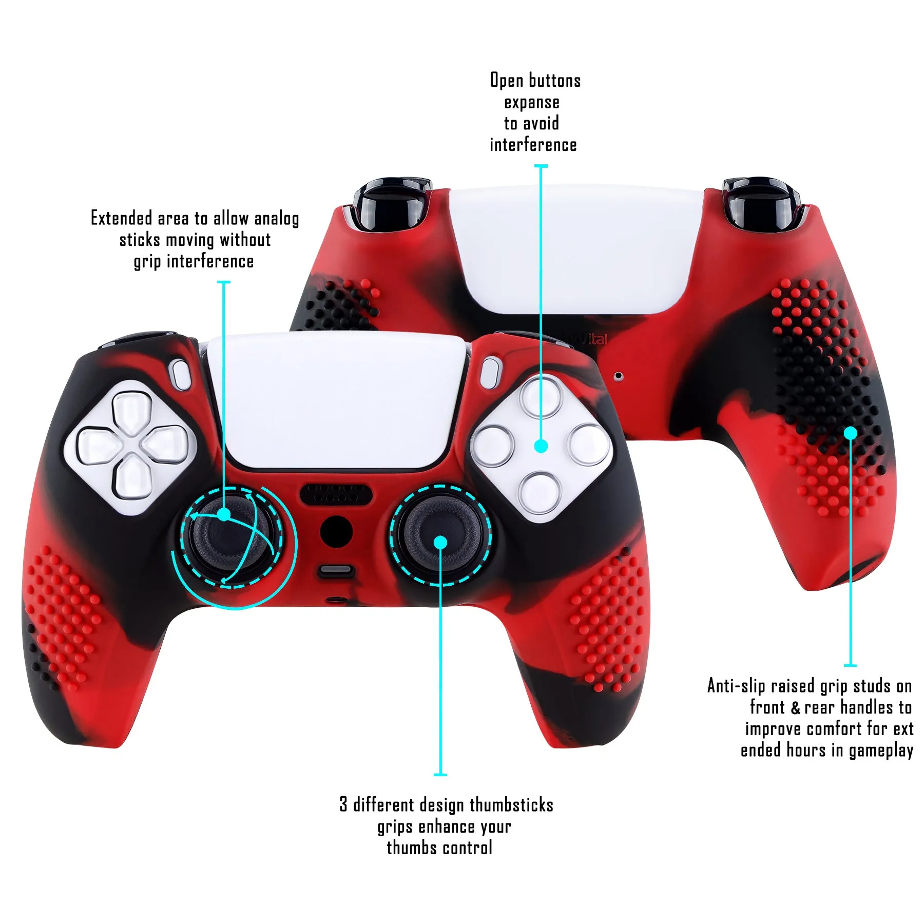 PlayVital 3D Studded Edition Anti-Slip Silicone Cover Skin for ps5 Controller, Soft Rubber Case Protector for ps5 Wireless Controller with Thumb Grip Caps - Red & Black - TDPF022